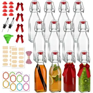 12 Pack 8oz Square Swing Top Glass Bottles – Flip Top Bottles with Stoppers for Vanilla Extract, Kombucha, Kefir, Home Brewing, Fermentation & Gifting, Includes 8 Extra Seals & 2 Pourers