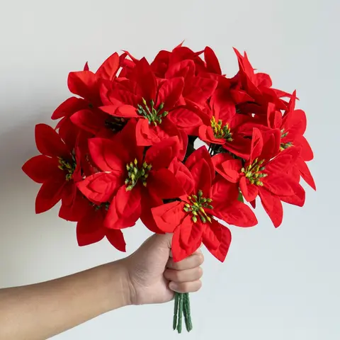 10 Realistic Poinsettia Artificial Flowers, Christmas Decorations, Indoor Outdoor Festival Decor, Wedding Party Props, No Maintenance