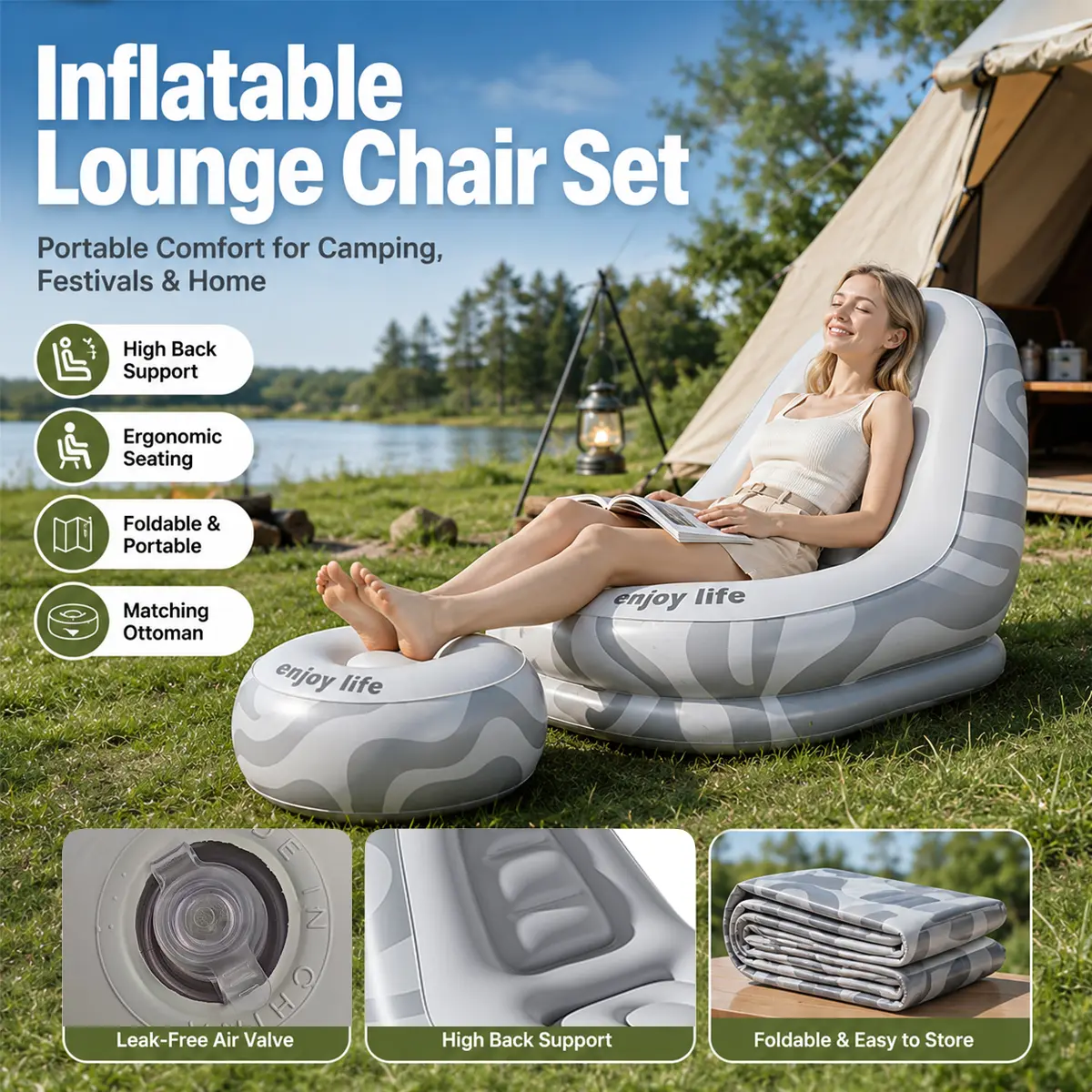 Inflatable Lounge Chair with Ottoman, Portable Indoor Outdoor Air Sofa Set, Inflatable Couch, Foldable Camping Recliner with Raised Backrest, 5-Zone Support, Lightweight Inflatable Sofa for Adults, Music Festival, Patio, Beach, Backyard & Travel