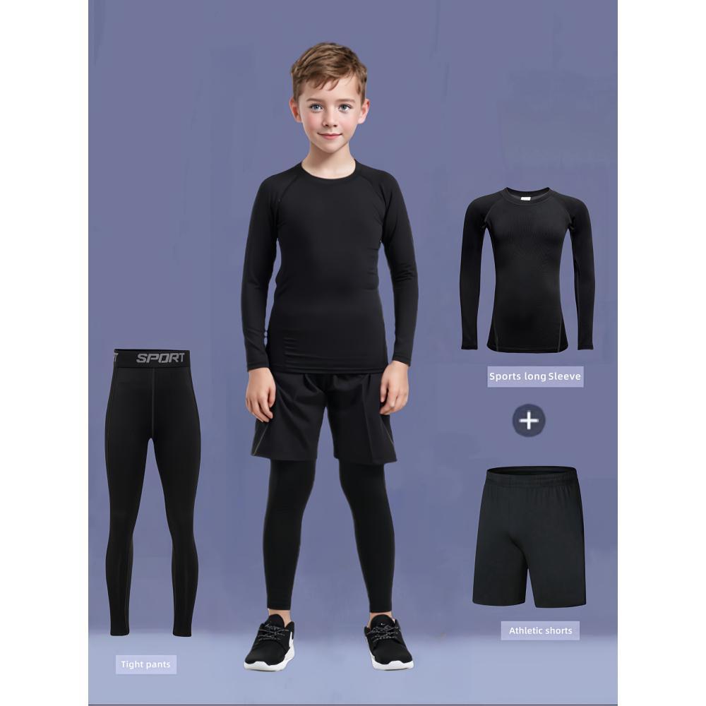 3pcs Boys' Quick-Dry Athletic Set - Compression Long Sleeve Top, Tight-Fit Pants & Shorts Training |   -Elastic multi- (Running, Cycling,) |     Fall Outfit |     Machine Washable Compression Suit, Perfect Outdoor
