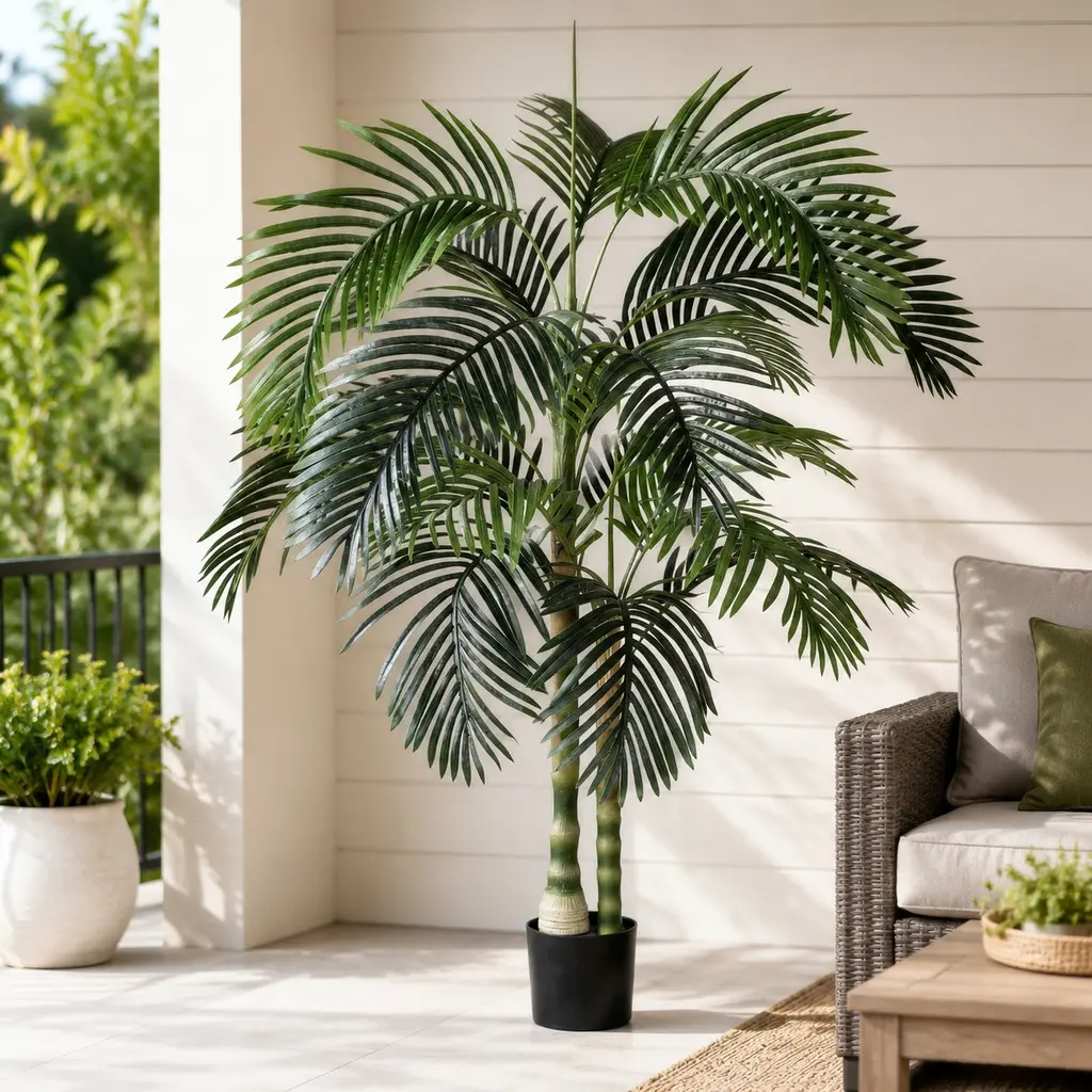 ARCH 6FT Artificial Palm Tree with Black Plastic Pot, Decorative Tropical Faux Plant for Indoor-Outdoor Home & Garden Use, Green Fabric-Plastic Leaves, Luxury Modern Style, 1pc/Set, Easy to Clean, Detachable Compressible Packaging