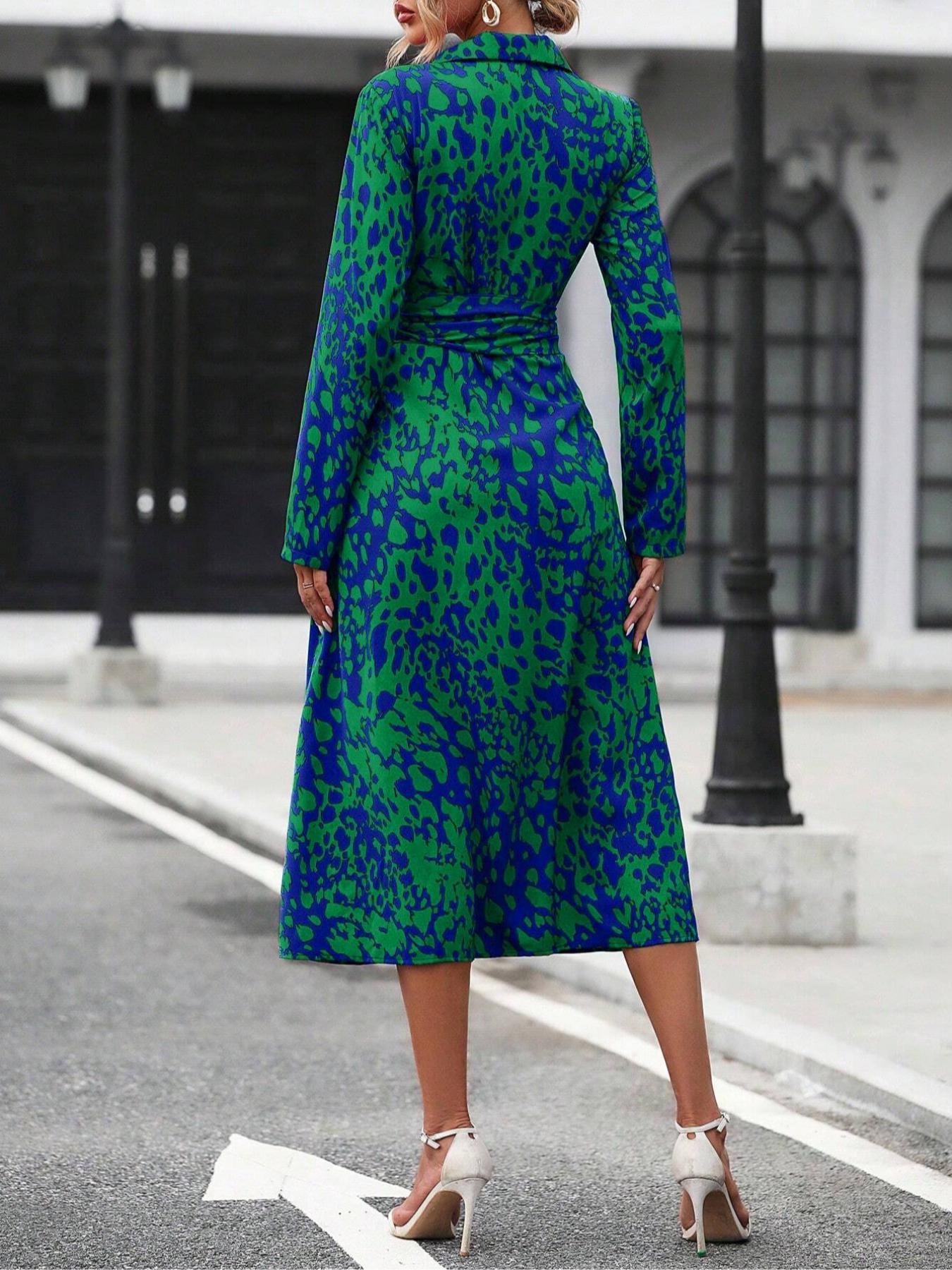 Women's Spring Autumn Elegant Boho Geometric Tie Dye Print Button Front Belt Midi Dress, Long Sleeve Fitted Design, Multiple Color Options