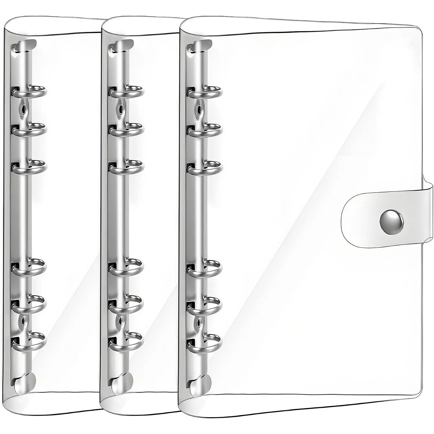 Clear A5 Binder 6 Ring, Refillable Notebook Planner Cover, 3 Pack | Soft Transparent PVC, for Budget, Photocard, Office Journal, Travel Diary, Recipe Book, School, Meeting, Snap Button Closure