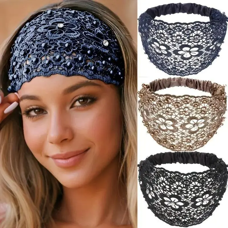 Women's 3-Piece Pearl Crystal Wide Band Headband Set, Luxury Boho Hair Accessories for Weddings, Daily Wear, Hairband, Chic Headbands, Bling Hair Headband, Fashion Headbands