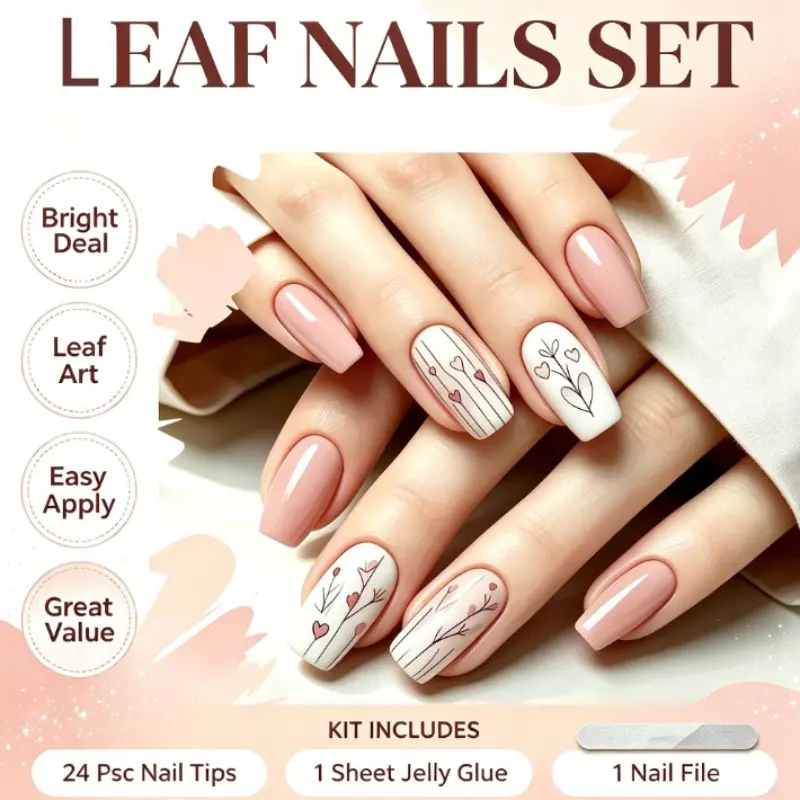 Simple Heart Branch Nail Stickers, Quick Wear No-Bake Reusable False Nails, 24 Pieces Multi-Size, Office, Date, Valentine's Day, Daily Use
