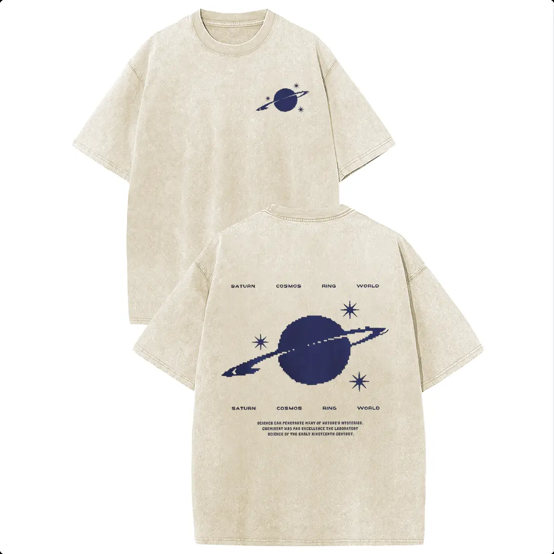 100% Cotton Saturn Cosmos Womens Acid Washed T‑Shirt Retro Dual‑Side Graphic Printed Unisex Fashion Tees Summervibes Casual Top 2026
