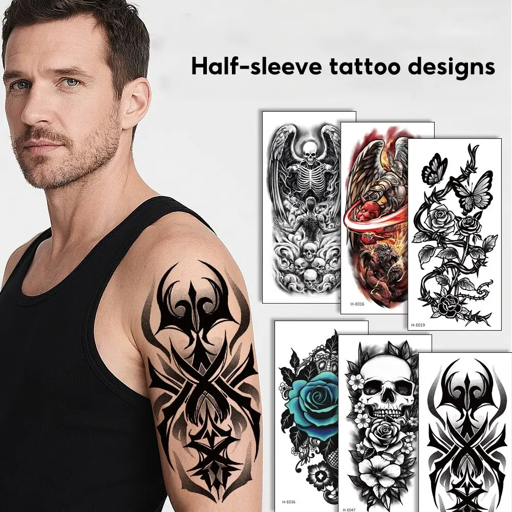 Custom Half-Sleeve Tattoo Stickers, Nordic Animal Pirate Prison Style Skull Colorful Waterproof Realistic Tattoos