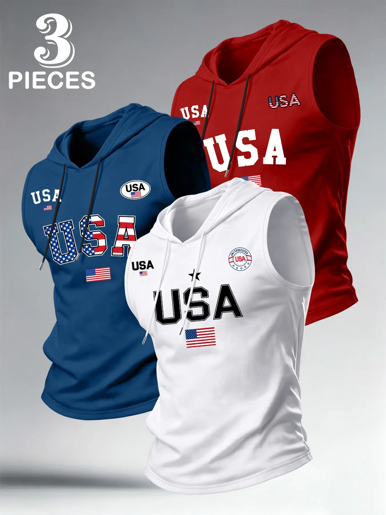 3 Pack Men's Tank Tops, Usa Flag Sleeveless Hoodies, Summer Fitness Breathable Sportswear, Unisex Casual Wear, Lightweight & Comfortable, Sports Singlet