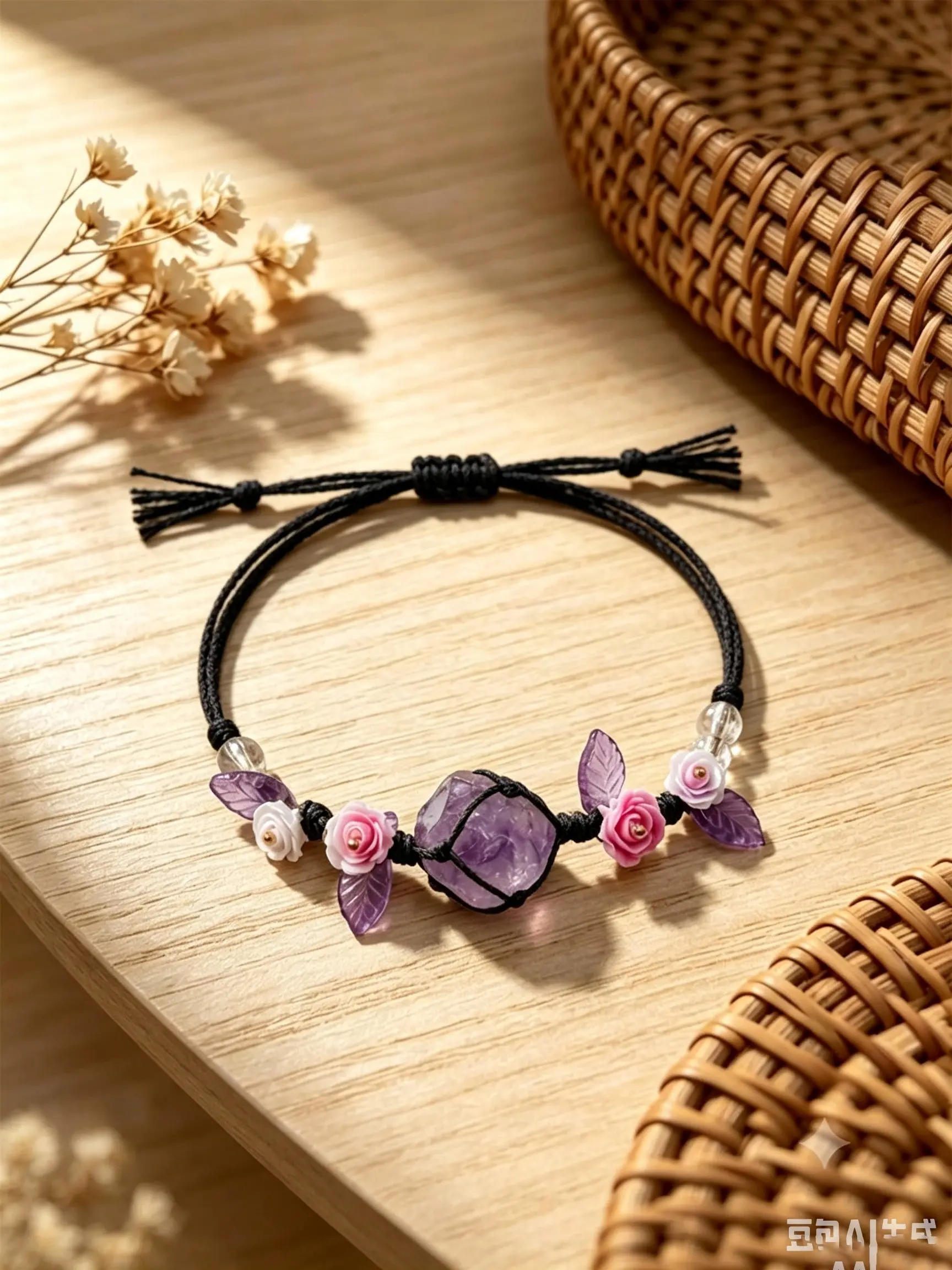 Boho Handmade Crystal Beaded Bracelet, Boho Style Bracelet, Rose & Glass Leaf Fringe Wristband, Adjustable Forest Aesthetic Natural Stone Jewelry for Daily, Bohemian Bracelet