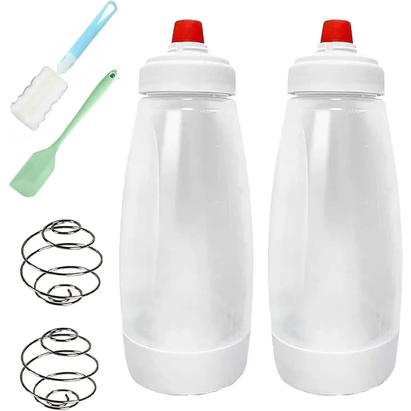 2-Pack Wide Mouth Plastic Pancake Batter Dispenser Squeeze Bottles - 32oz, BPA-Free, with Cleaning Brush & Spatula, Mess-Free Kitchen Baking Tool for Cupcakes, Waffles (2 bottles included), Two Bottles
