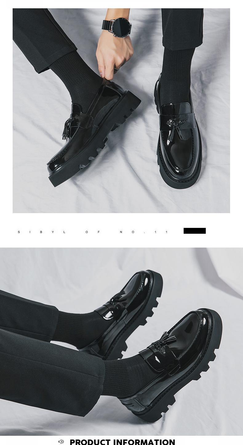 British Style Men's Fashion Loafers Patent Leather Tassel Loafers Black Thick-Soled Slip-on Formal Shoes Simple Casual Plus Size Dress Shoes for All Seasons