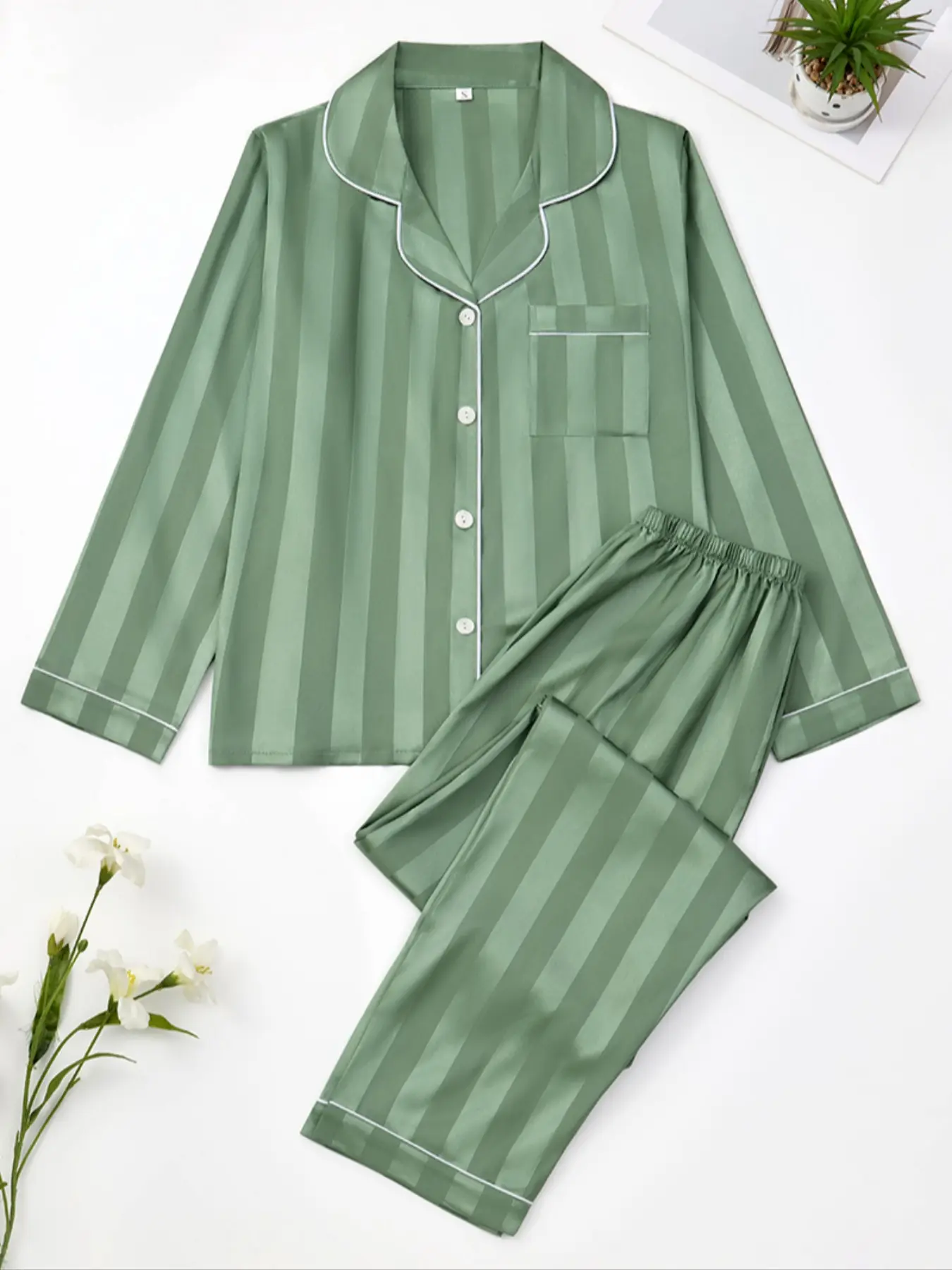 Christmas Women's Striped Satin Pajama Set, Matching Pj Set, Pajamas Lounge Set, Soft Long Sleeve Button Front Shirt & Elastic Waist Pants, Comfortable Casual Sleepwear, Loungewear, Homewear, Valentine Gift