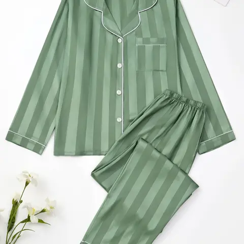 Christmas Women's Striped Satin Pajama Set, Matching Pj Set, Striped Lounge Sets, Soft Long Sleeve Button Front Shirt & Elastic Waist Pants, Comfortable Casual Sleepwear, Loungewear, Homewear, Valentine Gift