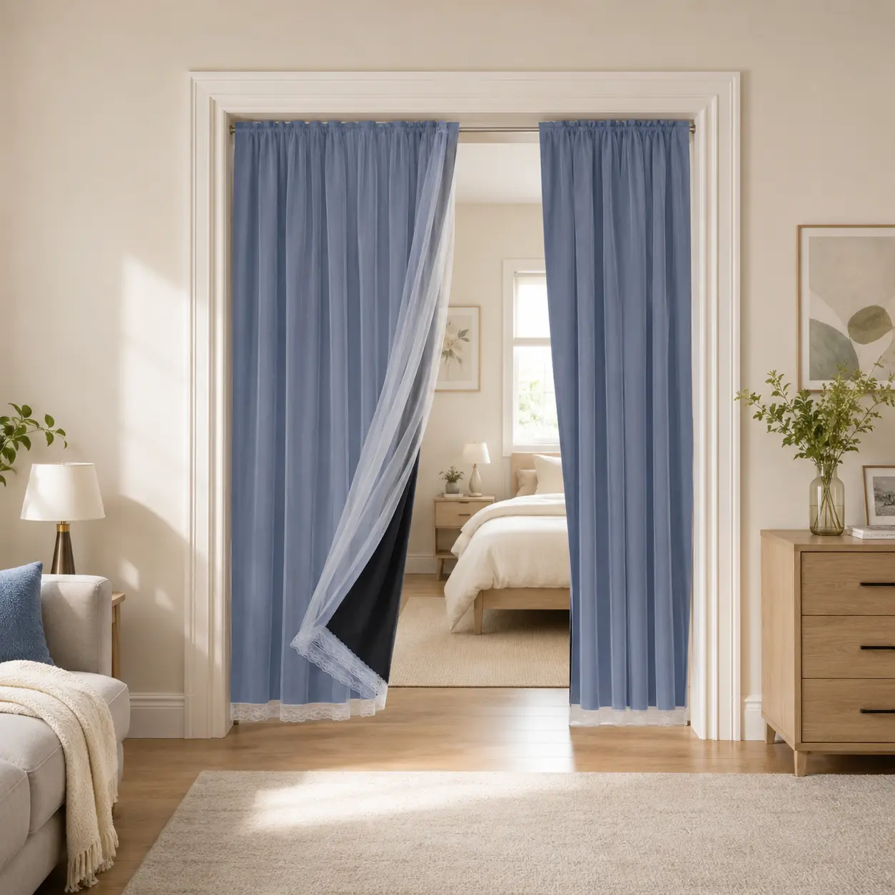 Blackout Doorway Curtain with Sheer Layer, No-Drill Hook-and-Loop Privacy Curtain for Bedroom, Closet & Laundry Room