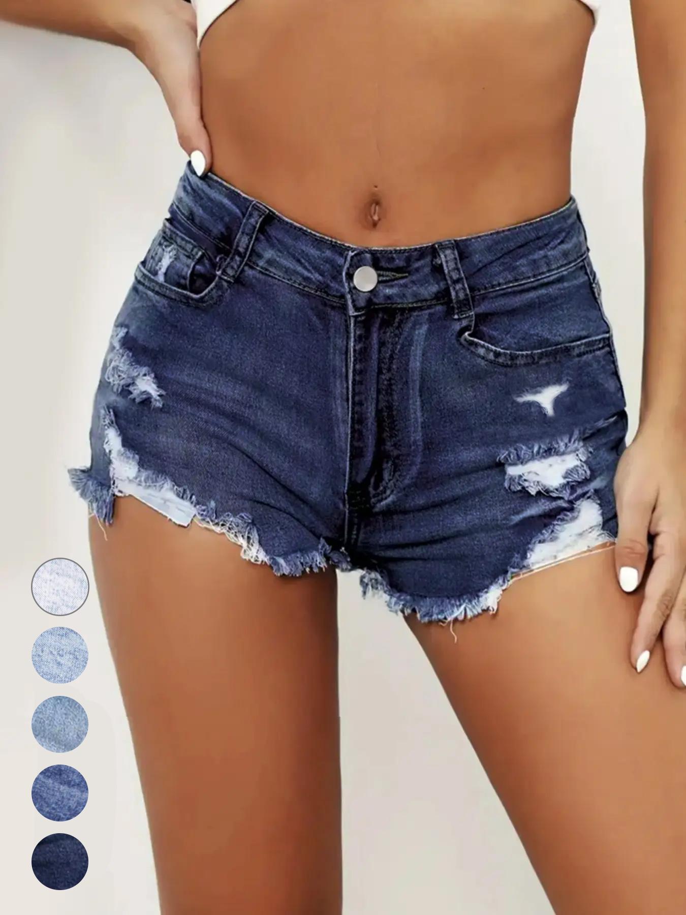 Women's Ripped Slash Pockets Denim Shorts, Casual Trendy Fitted Raw Hem Jean Shorts for Daily Wear, Ladies Summer Bottoms