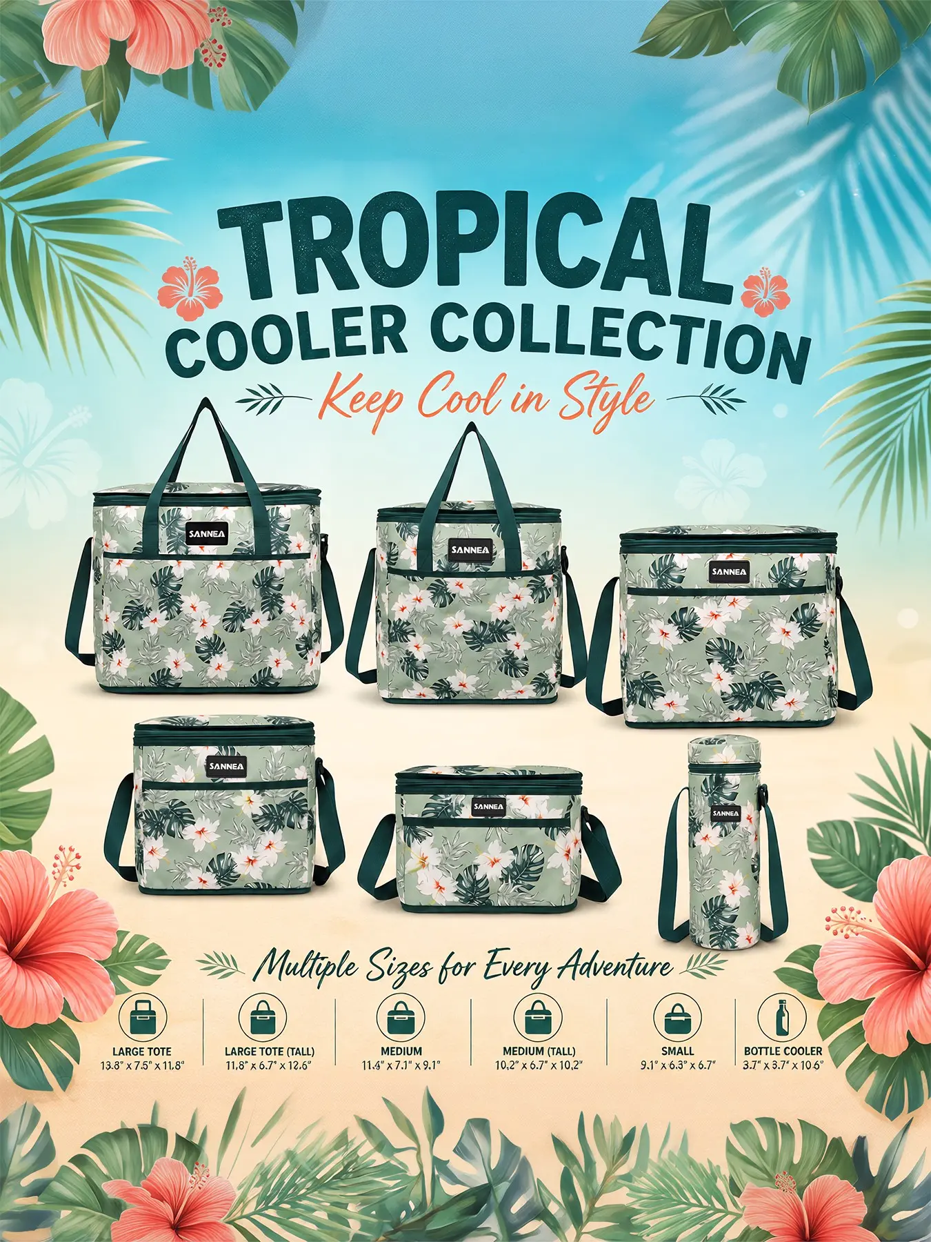 Insulated Lunch Bag Tropical Floral Cooler Tote, Adjustable Strap, Foldable Thermal Lunch Box, 3-Layer Insulation, Beach Picnic Camping, Zipper Lunch Bag