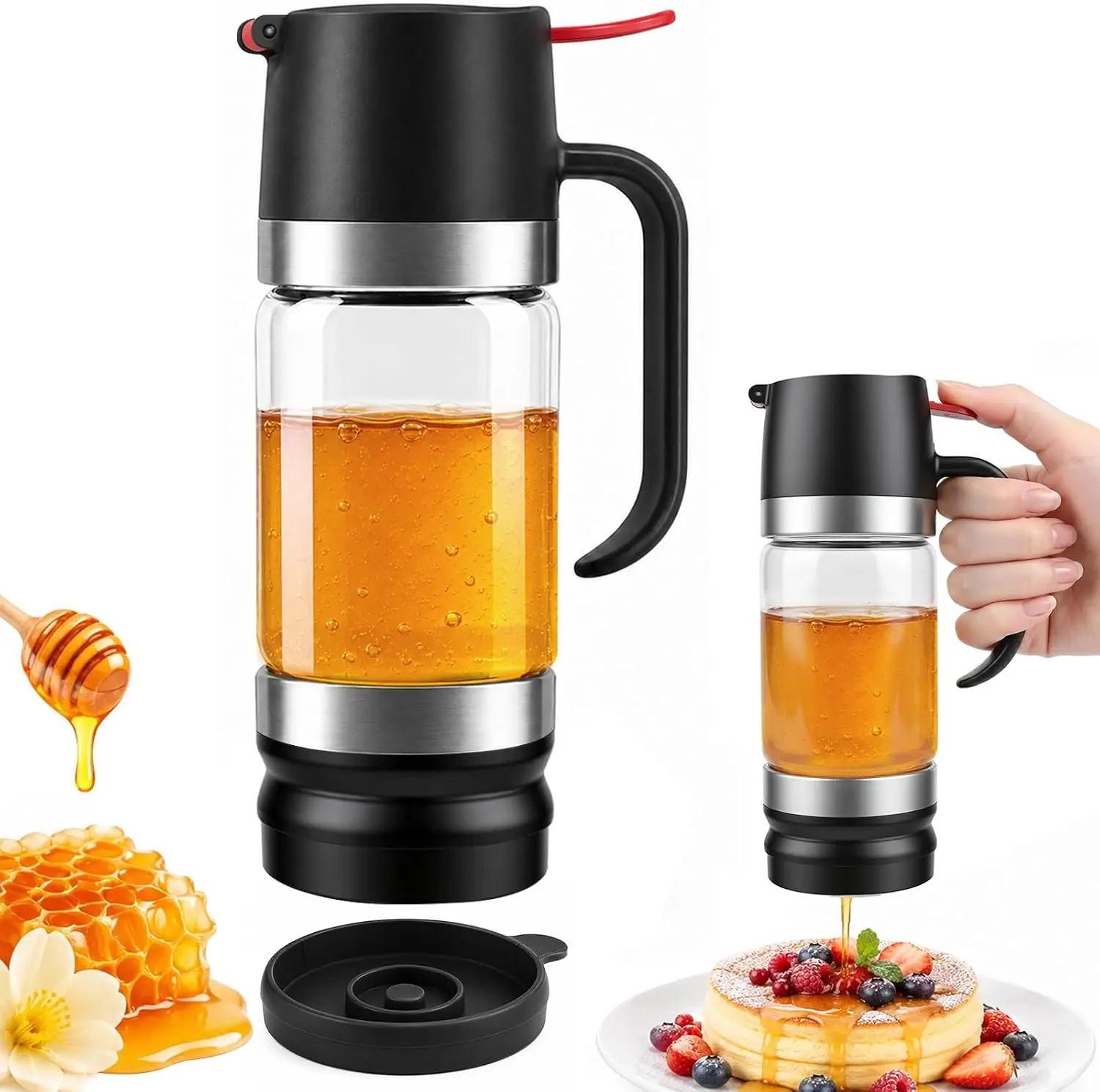 Honey Dispenser No Drip | BPA Free Glass Honey Dispenser with Stand | 10oz Borosilicate Mess-Free Honey Jar with Ergonomic Handle | Precision Pouring Container for Honey, Maple Syrup