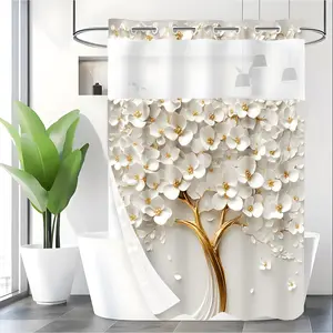 LVRLVR 1pc Luxury White Gold Floral Tree Shower Curtain, Elegant 3D Orchid Blossom Print, Sheer Top Window, Detachable Liner & No Hook C-Ring, 70.8" x 74"