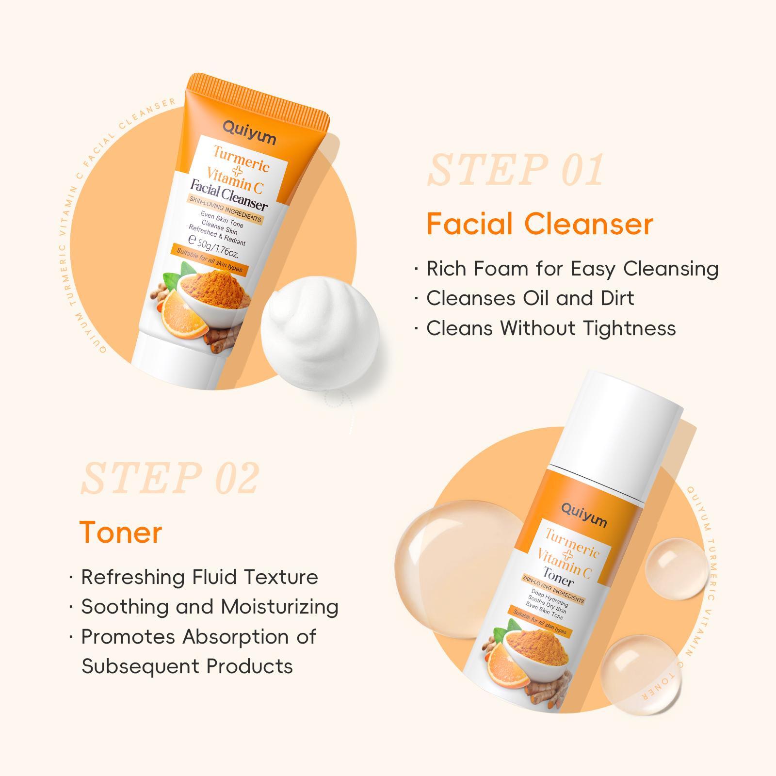 Quiyum Turmeric Vitamin C Skincare Set, Moisturizing Skin Care Kit, Skin Care Sets, Skin Care Products, Including Cleanser, Toner, Cream, Eye Cream, Serum, Soap, Mud Mask, Scraping Pate, Octopus Brush, Gift Box, Skin Care Kit for Women & Girl