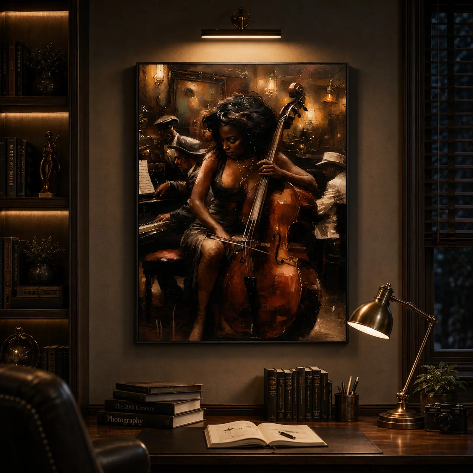 Artistic Jazz Band Female Cello Player Framed Art Print, Music-Themed Wall Decor, Ideal Gift for Music Lovers, Living Room Decor, Jazz Wall Art, Cellist Poster, Vintage Music Print, Home Office Decor, Housewarming Gift