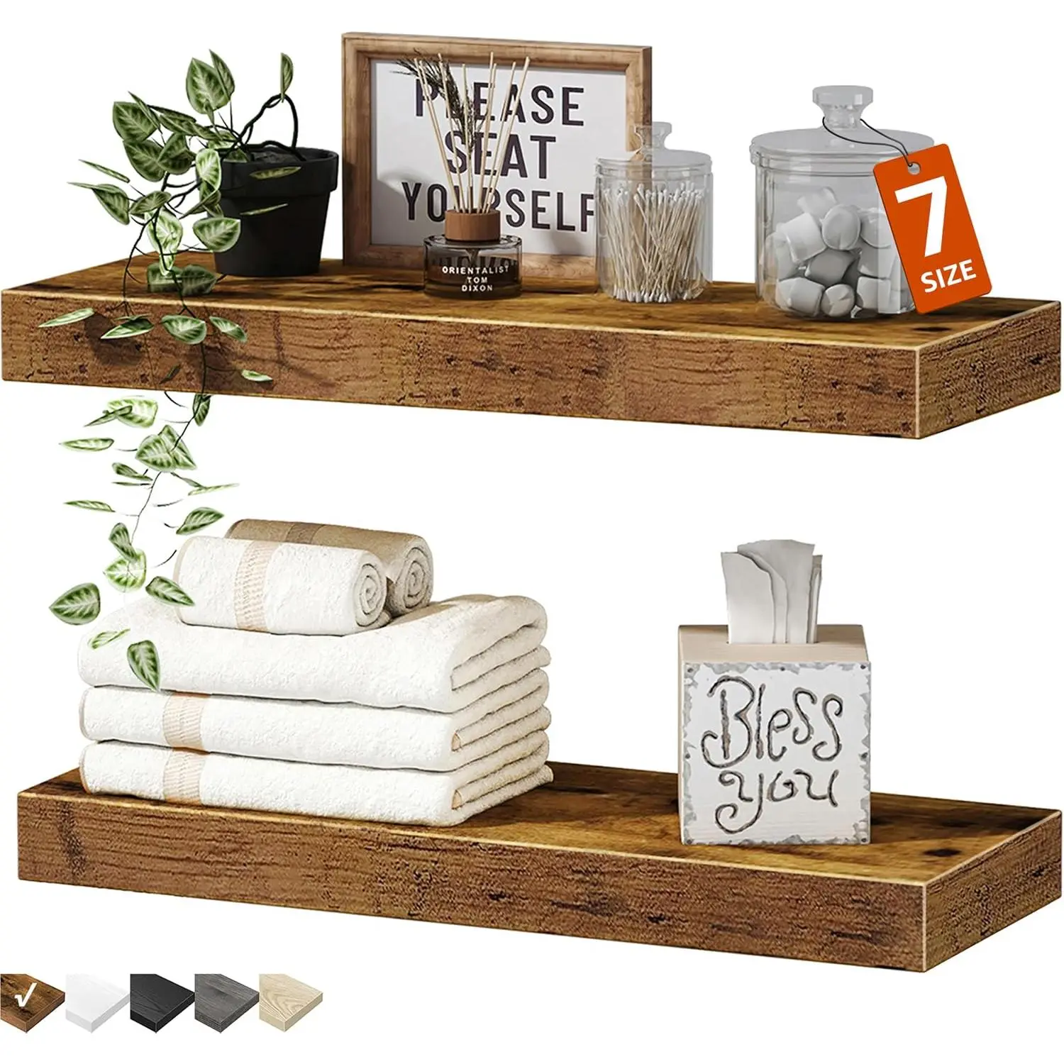 Bathroom Floating Shelves for Wall - 15.7" Wall Mounted Shelf Over Toilet   Decor Display Bookshelf Small 15.7 x 6.7 inch Set of 2, Rustic Brown (008-40BN)