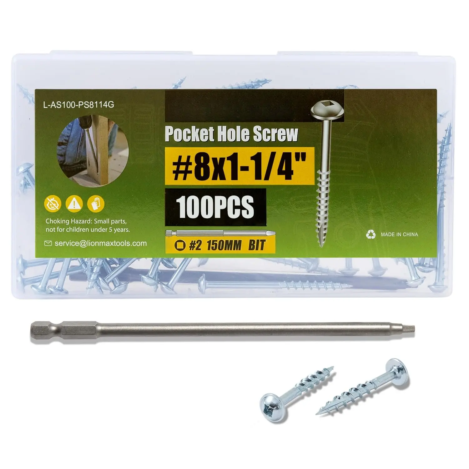 Pocket Hole Screws 1-1/4 Inch, 100 count Interior Pocket Screw #8 x 1-1/4"", Coarse Thread, Square Drive, Washer , Zinc Plated Pocket Hole Screws, 150MM Drive Bit Included, 1.25 inches