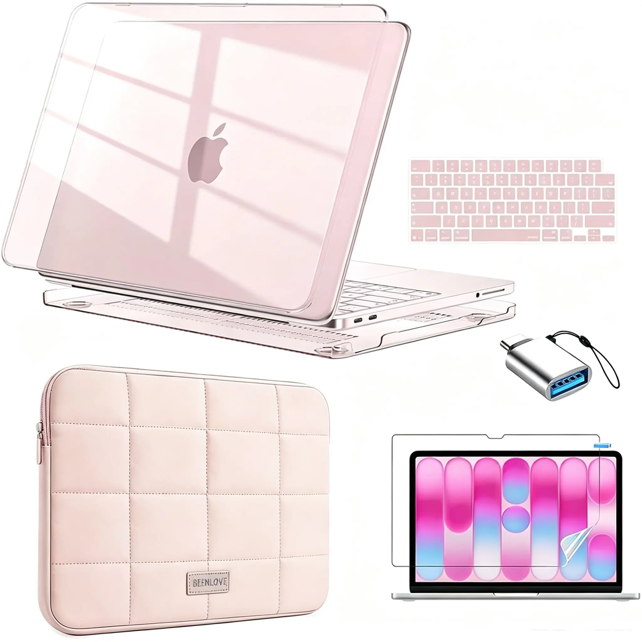 Macbook Neo 5-Piece Aesthetic Protection Set, Glossy Crystal Case, Keyboard Film, Screen Protector, Plush Sleeve, Adapter Included