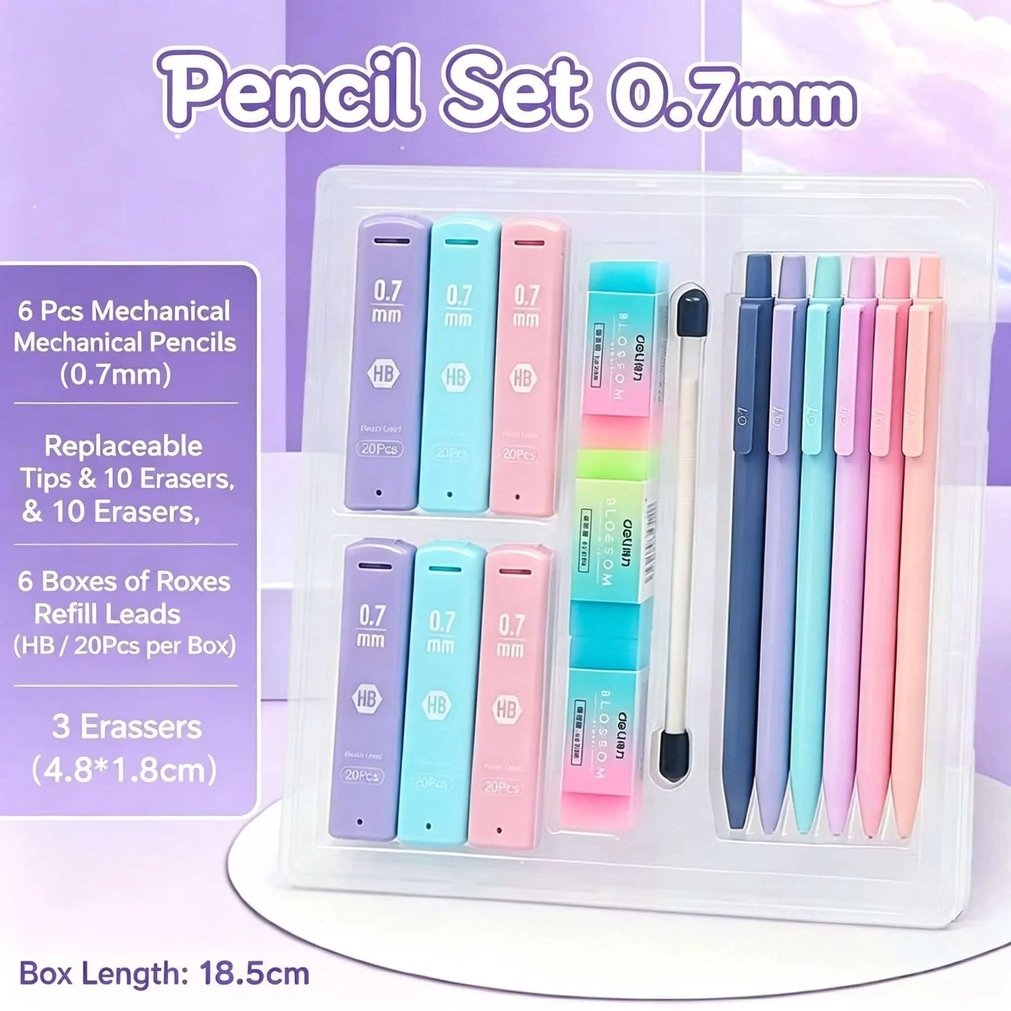 Cute Practical Automatic Pencil Set, 6 Pieces 0.5/0.7mm, 360 Leads, 3 Erasers, Storage Box, School Supplies for Girls, Aesthetic Stationery