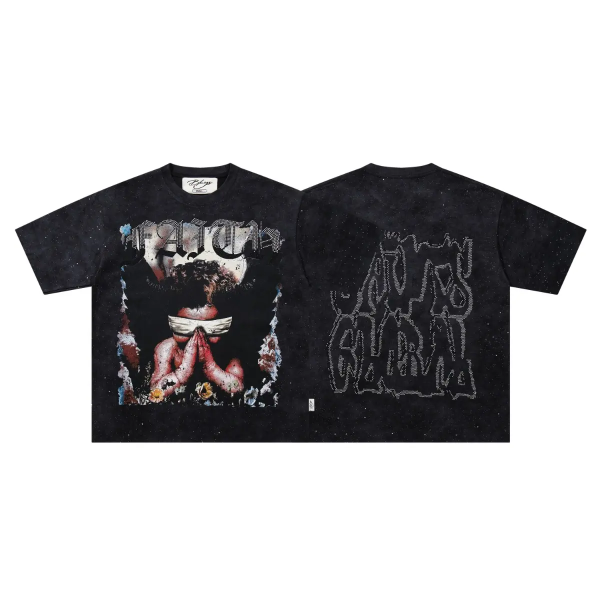 BKYS Los Angeles Rhinestone Portrait Graphic T-Shirt, Vintage Washed Cotton Tee, Oversized High Street Streetwear Top, Spray Paint Hip Hop Y2K Fashion