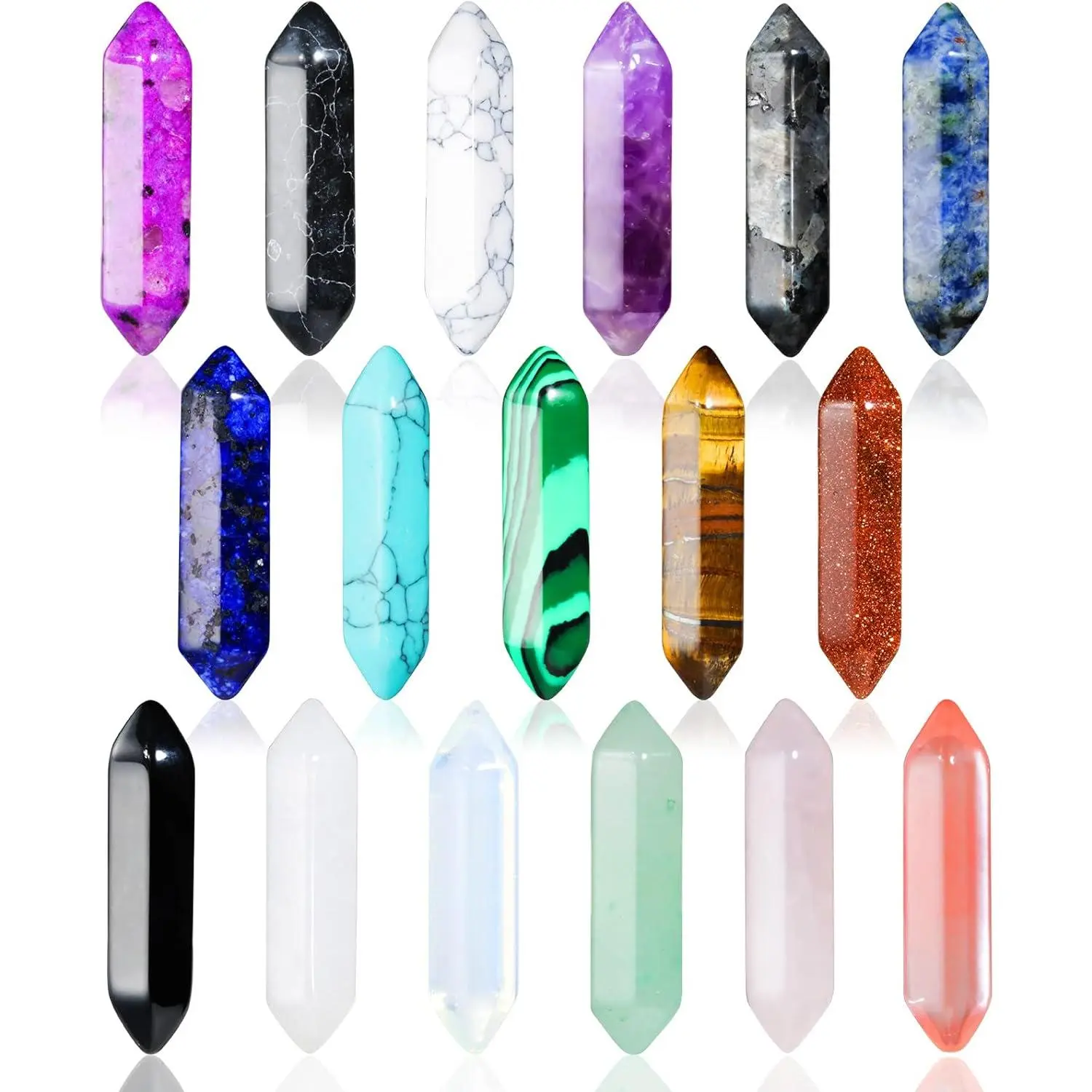 17Pcs Wellness Healthy Healing Crystals Stones Set - Hexagonal Bullet-Shaped Reiki Meditation Chakra Wands, Tiger Eye Obsidian Quartz Pendants with Storage Box, Christmas Halloween Mother's Day Selfie Accessory