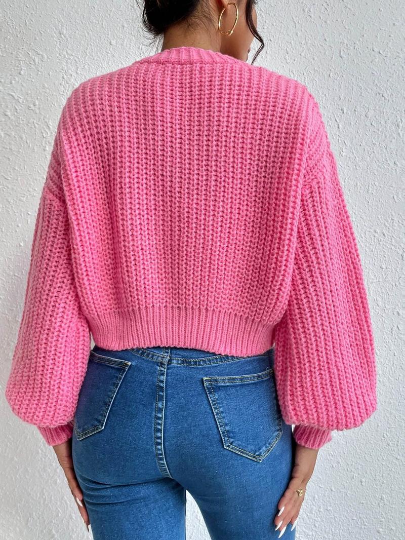 Women's Plain Bishop Sleeve Button Front Cardigan, Lady Casual Long Sleeve V Neck Knitwear for Fall & Winter, Fashion Women's Knit Clothes for Daily Wear, Women's Sweaters, Womenswear, Knitting Tops for Women