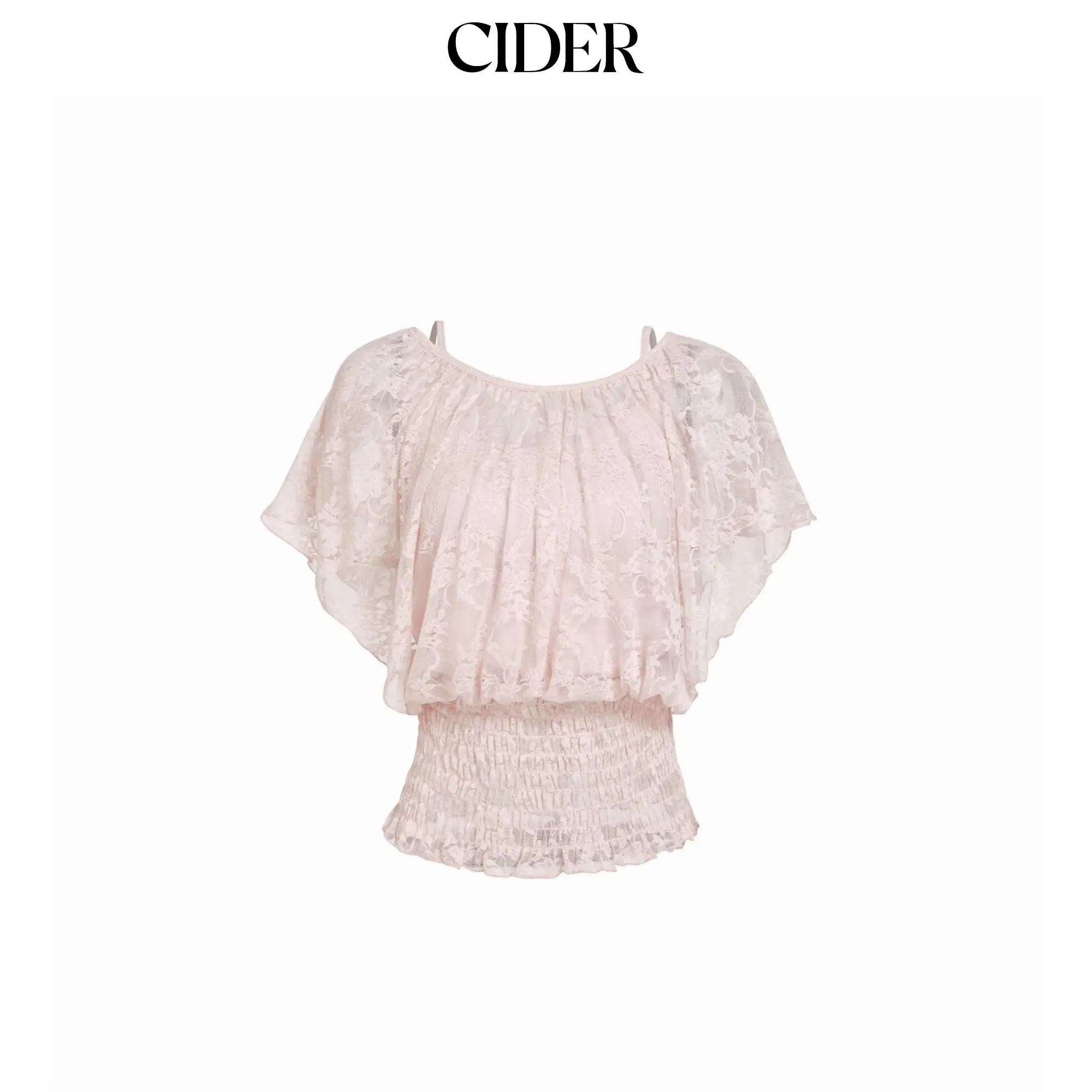 Cider Lace Boat Neck Shirred Short Sleeve Ruffle Hem Top