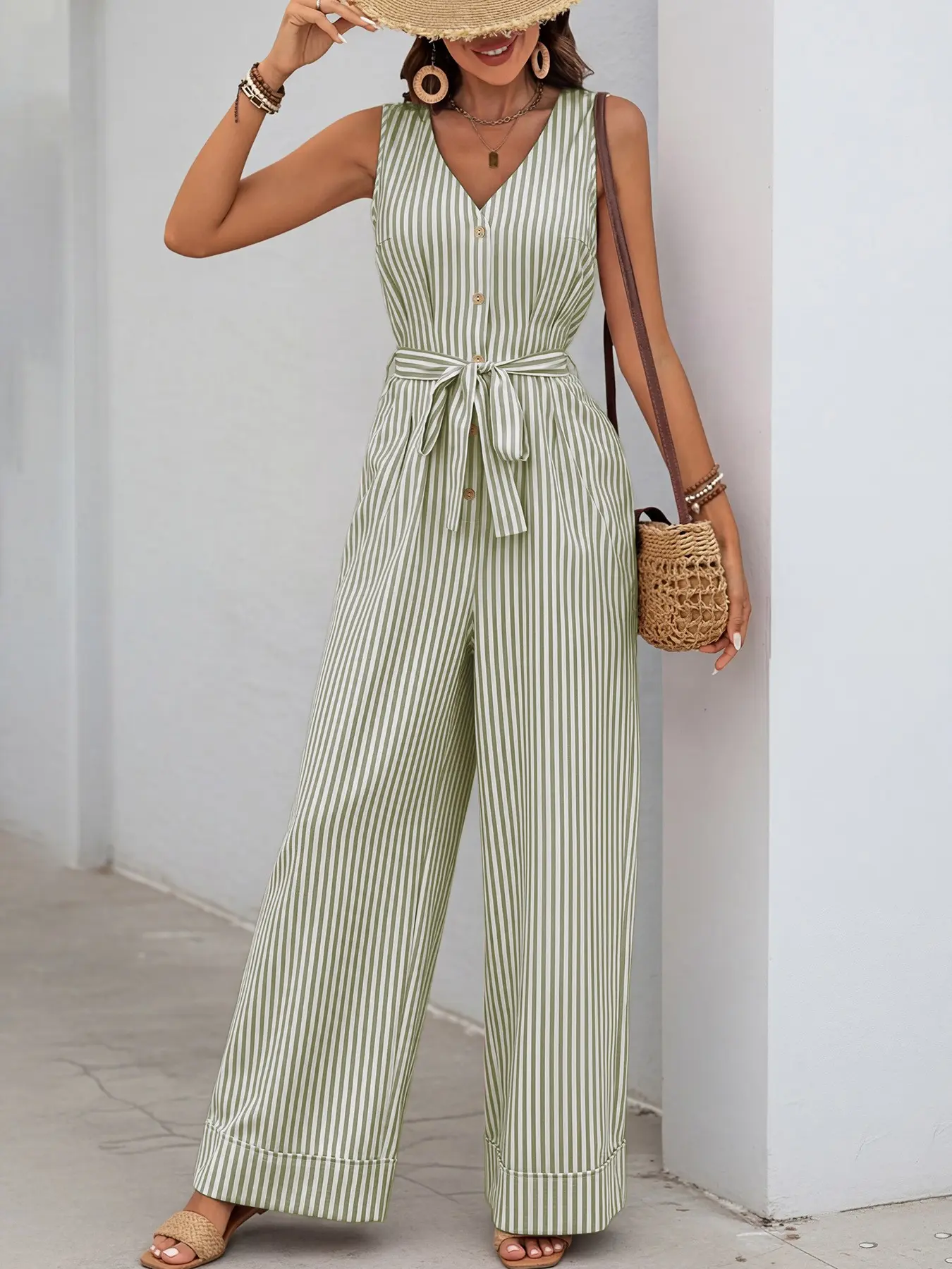 Women's Striped Sleeveless Jumpsuit, Boho Romper, Boho Style V-Neck Loose Fit, Waist Belt Design, Casual Office Vacation Wear, All Seasons, Fashion