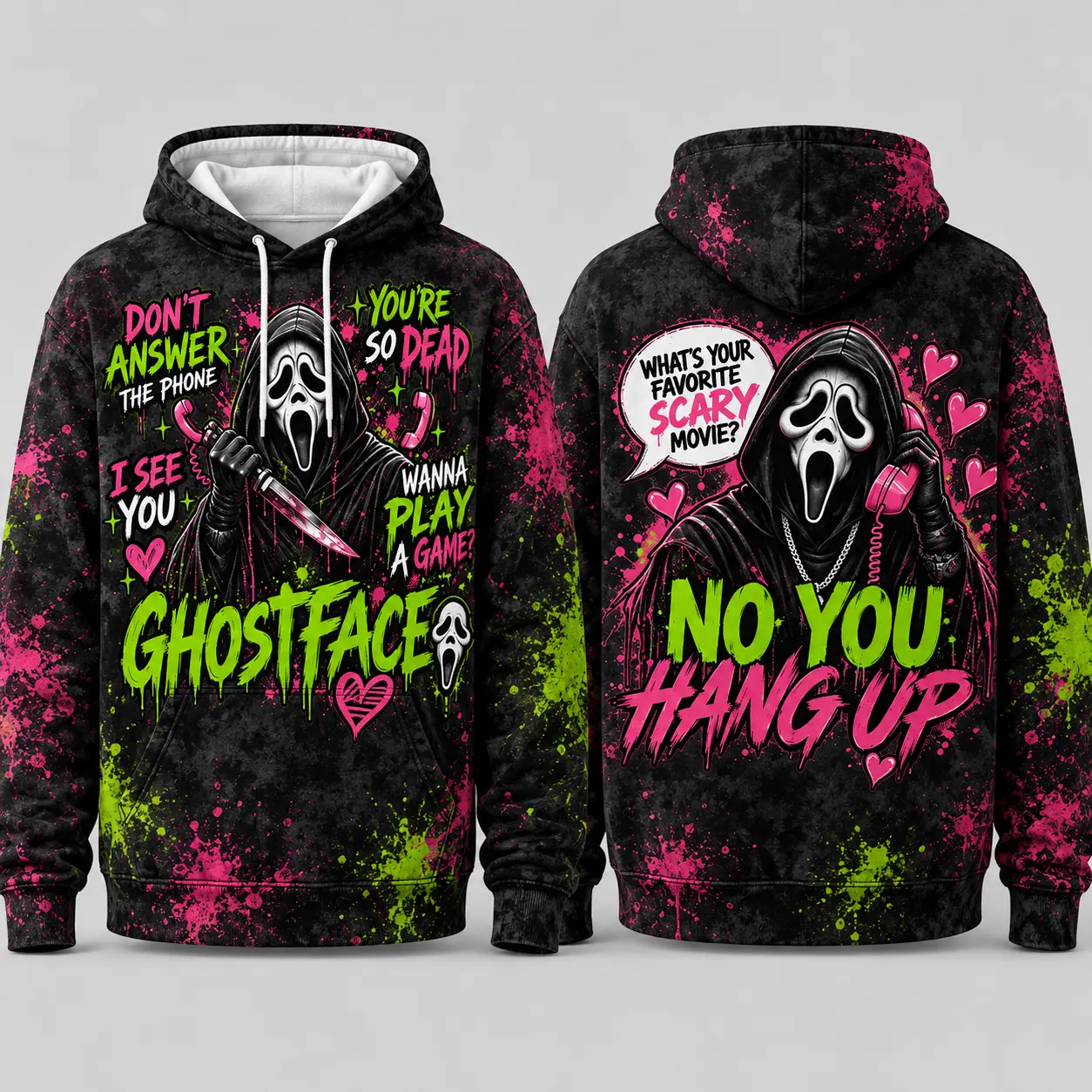 Graffiti‑Style Halloween Pullover Hoodie, Spooky Horror Villain Graphic Sweatshirt, Color Splatter Print Casual Fall Outerwear,Fun Gift Choice For Halloween And Horror Lovers # HorrorFanApparel # HorrorLoverGift # HalloweenGiftIdea