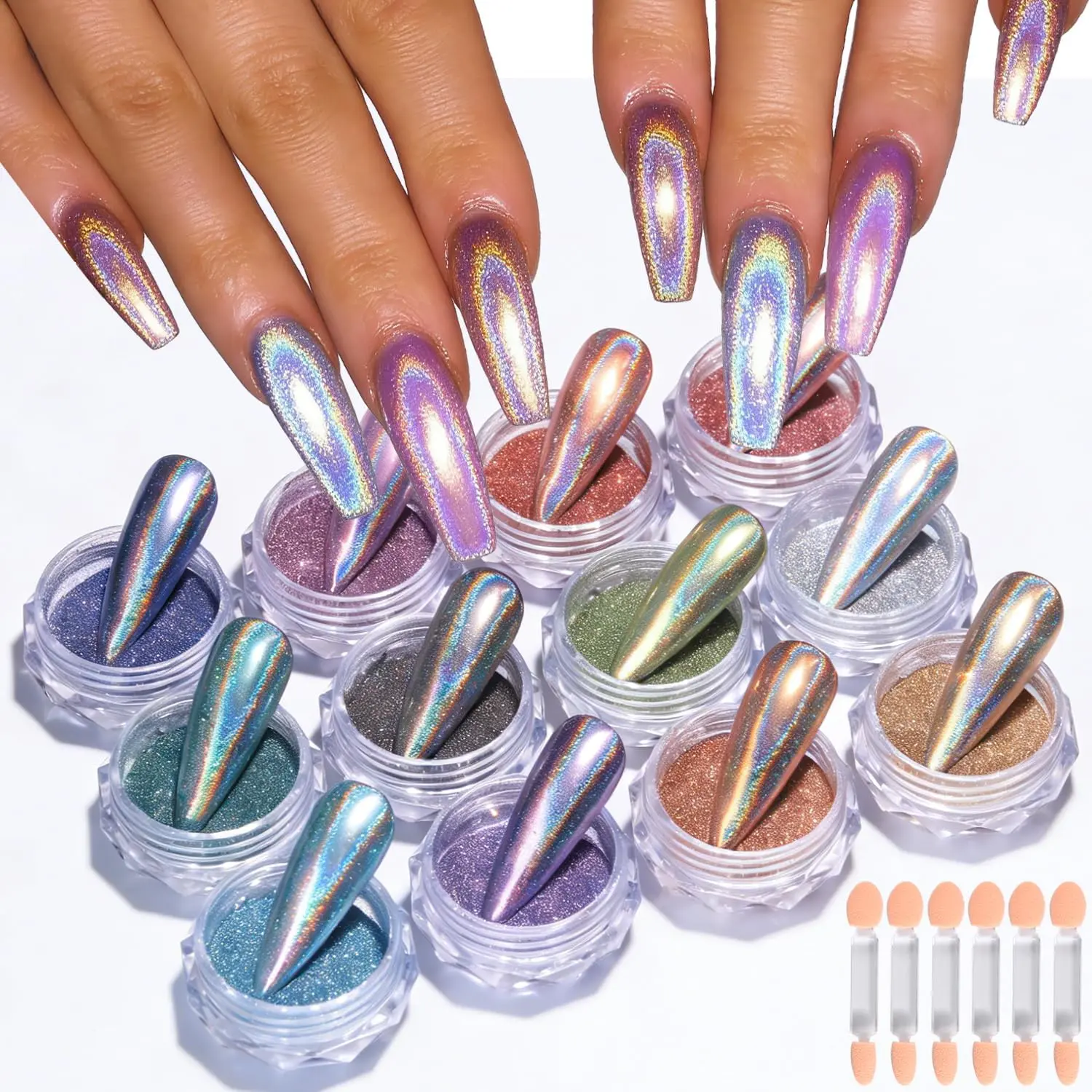Chrome Nail Powder Kit, 12 Colors Holographic Nail Powder Extra Fine Laser Gold Silver Pink Hologram Glitter Rubbing Dust Metallic Mirror Effect for Nails Pigment Salon Home Manicure Design