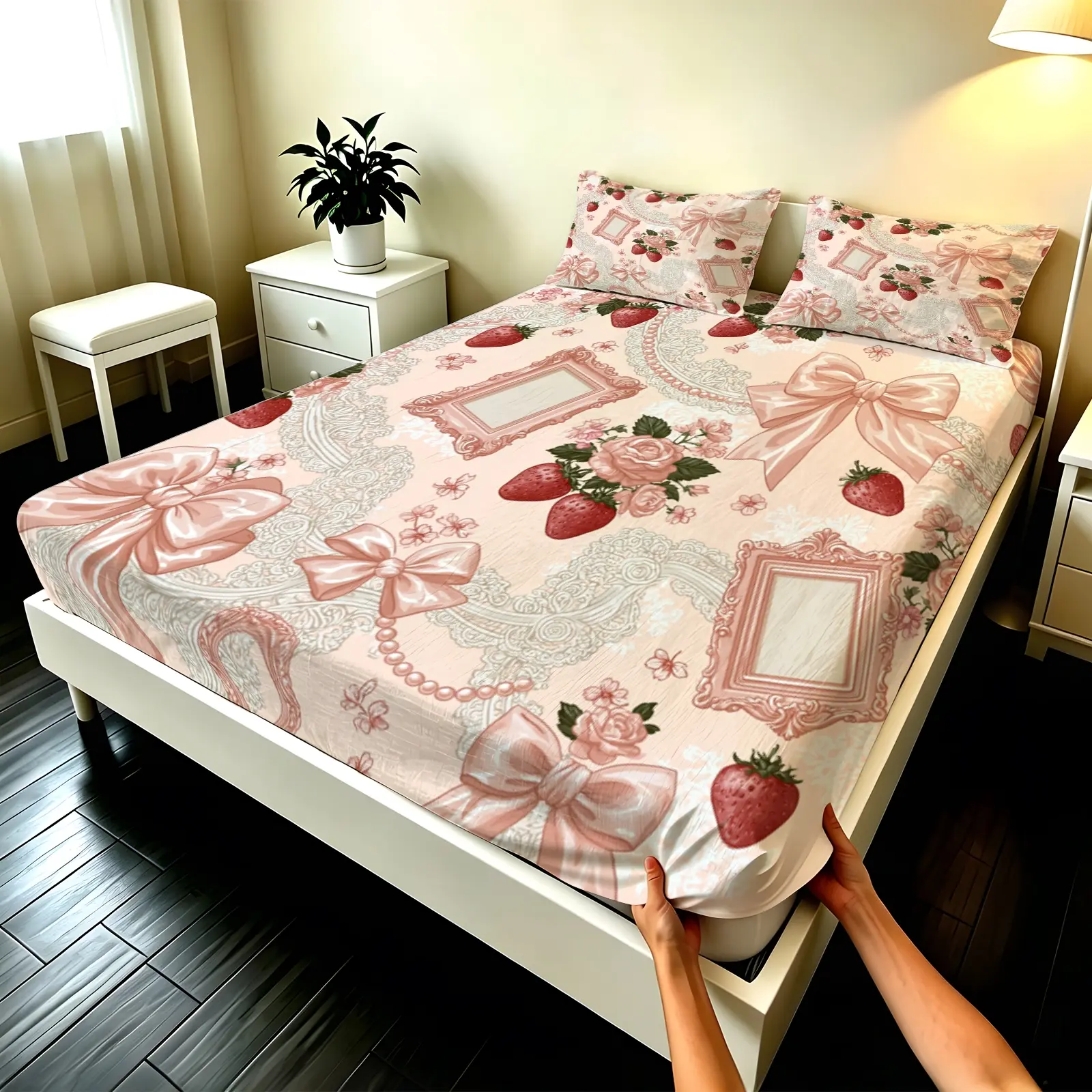 3pcs Fitted sheet Vintage Strawberry Pink Bow Rose Lace Printed Fitted Sheet Set, Soft Microfiber Breathable Wrinkle Resistant Fade Proof Comfortable Bed Linens for Bedroom Home, Fits Twin Full Queen King Size (Excluding filling and pillow inner)