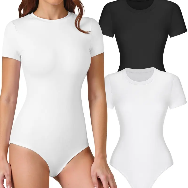 Women's Short Sleeve Crew Neck Bodysuit | Stretchy One Piece | Basic Top | 2pc Pack Set