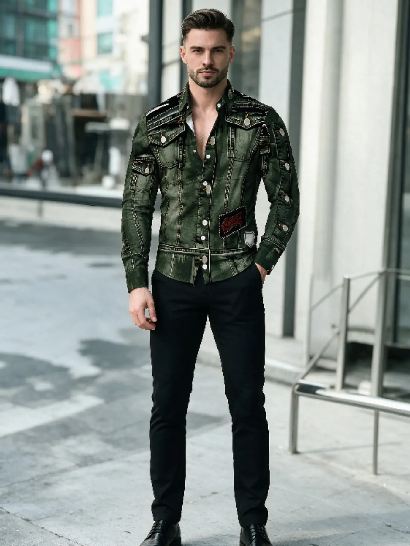 Men's Lapel Long Sleeve Button Up Shirt, Sublimation Baroque Scroll Vine Print Slim Fit Casual Shirt, Vintage Symmetrical Curlicue Floral Pattern Dress Shirt for Business Club Street Outfit
