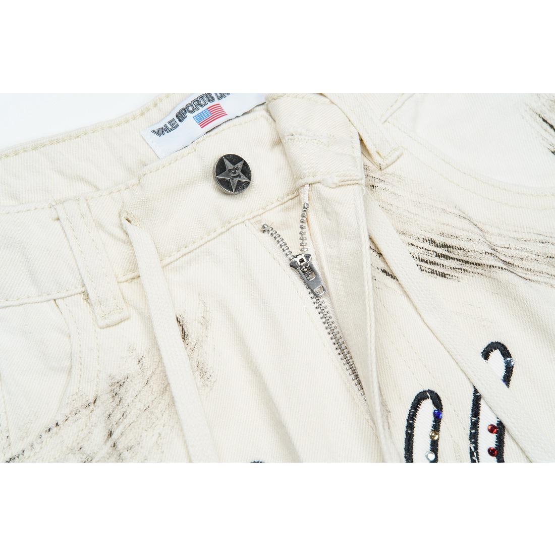 Vale Sports Valley Dreams Vintage Washed Distressed Print Full Rhinestone Bling Diamond Harajuku Letter Embroidery Baggy Denim Shorts European American Hip Hop Y2K Streetwear Loose Knee Length Casual Sparkly Trendy Jeans Shorts For Men Unisex