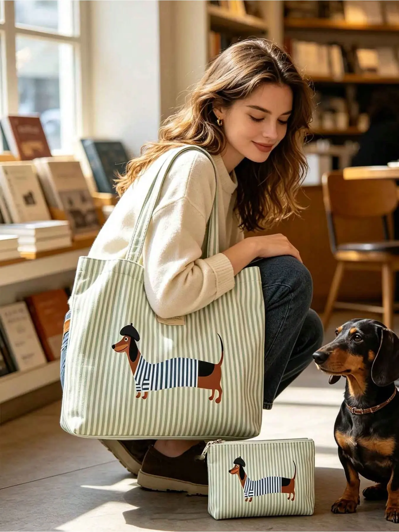 Vintage Dachshund Print Pink White Striped Canvas Tote Bag, Large Reusable Open Top Shoulder Handbag, Washable Eco Friendly Shopping Bag for Commute School Beach Travel, Ideal Back to School Birthday Holiday Gift for Women Moms Girls