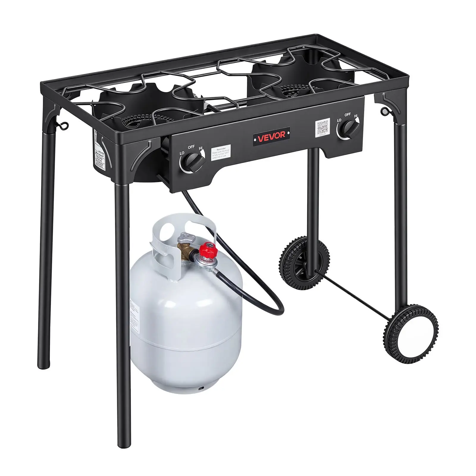VEVOR 2-Burner Portable Propane Gas Stove with Portable Wheels, 150000 BTU LPG Camping Stove, Heavy-Duty Carbon Steel Functional Outdoor Cooker, 20 PSI Regulator Hose, for BBQ Camp