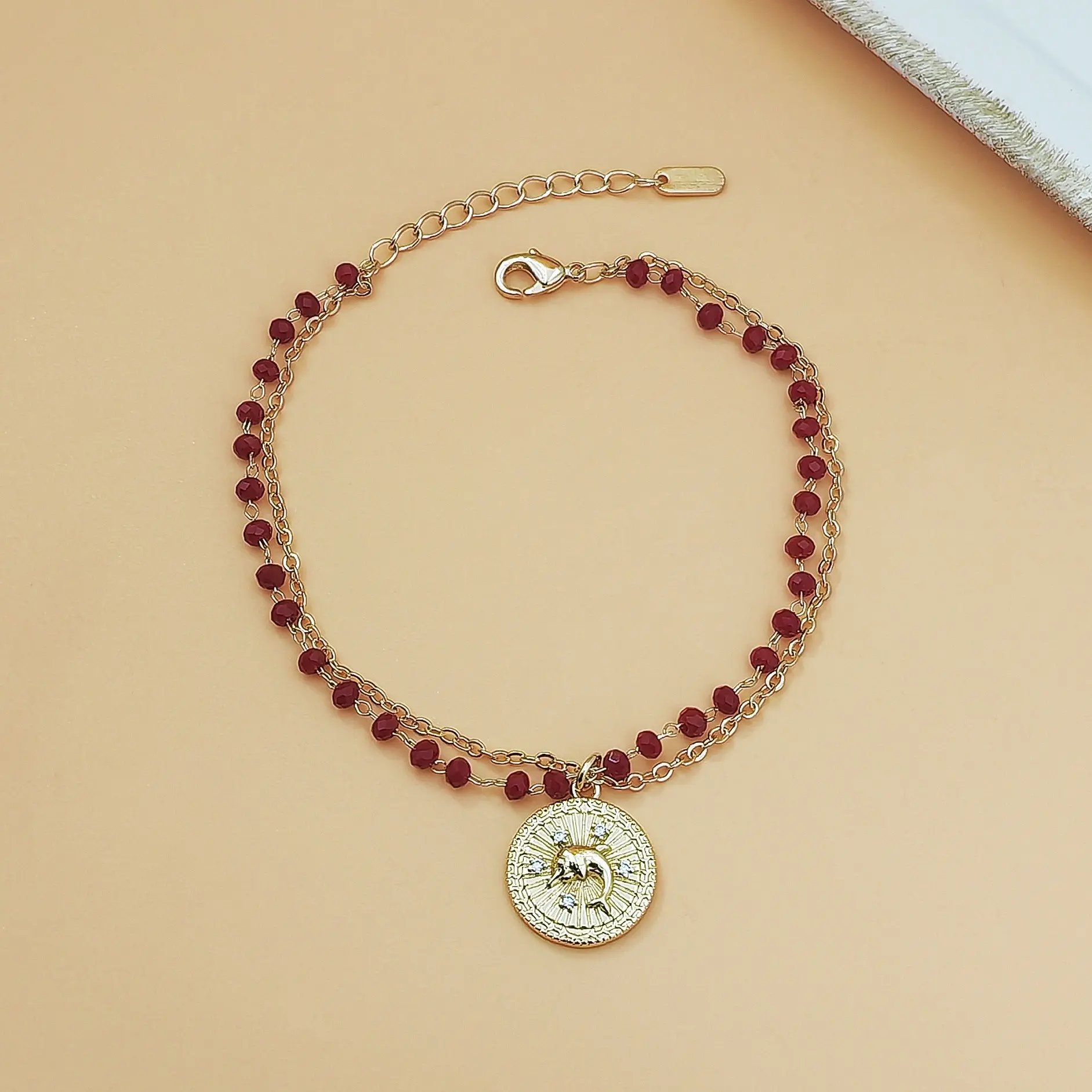 14K Gold Plated Double Layer Beaded Bracelet Wine Red Crystal Beads Dolphin Coin Pendant Dainty Adjustable Extension Chain Luxury Stackable Wrist Jewelry For Women