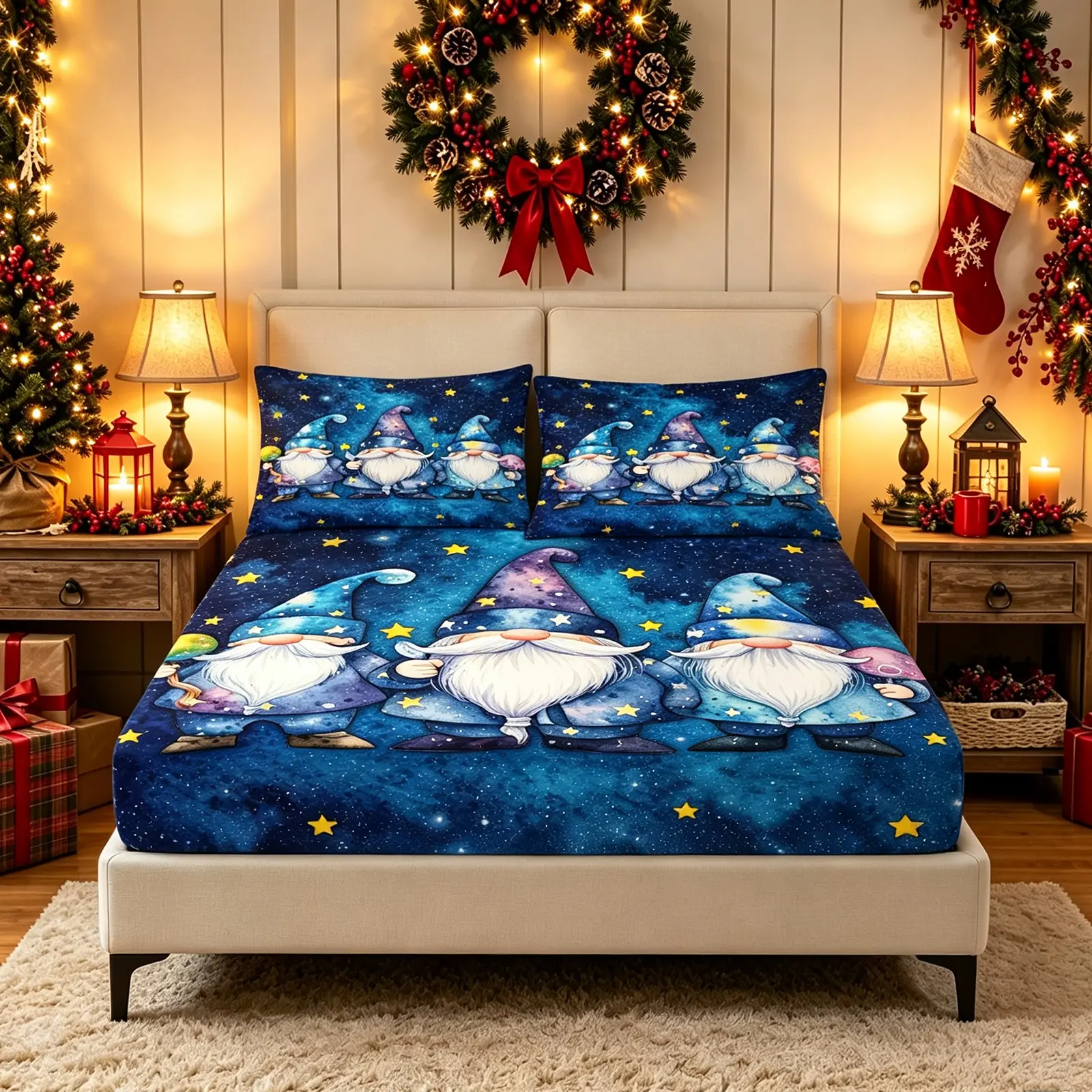 Galaxy Gnome Fitted Sheet Set 3 Pcs,Starry Sky Bedding Set,Stars Moon Outer Space Bed Sheets,Bedsheet Sets,12" Deep Pocket Sheet With 2 Pillowcases (No Flat Sheet)
