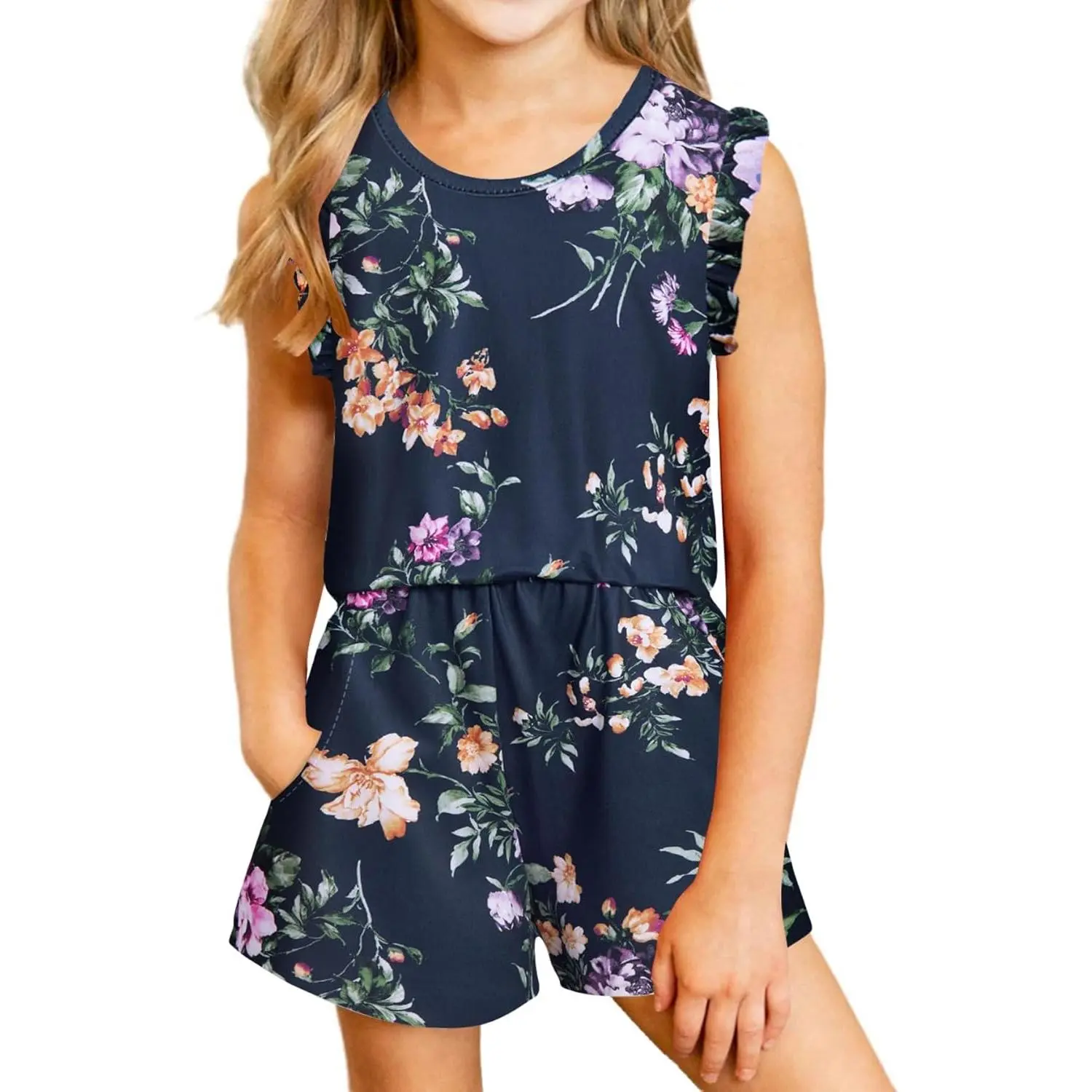 Girls Jumpsuits Rompers Ruffle Sleeve Romper Shorts with Pockets Summer One Piece Playsuit Outfits for Girl 6-13 Years(Gift)