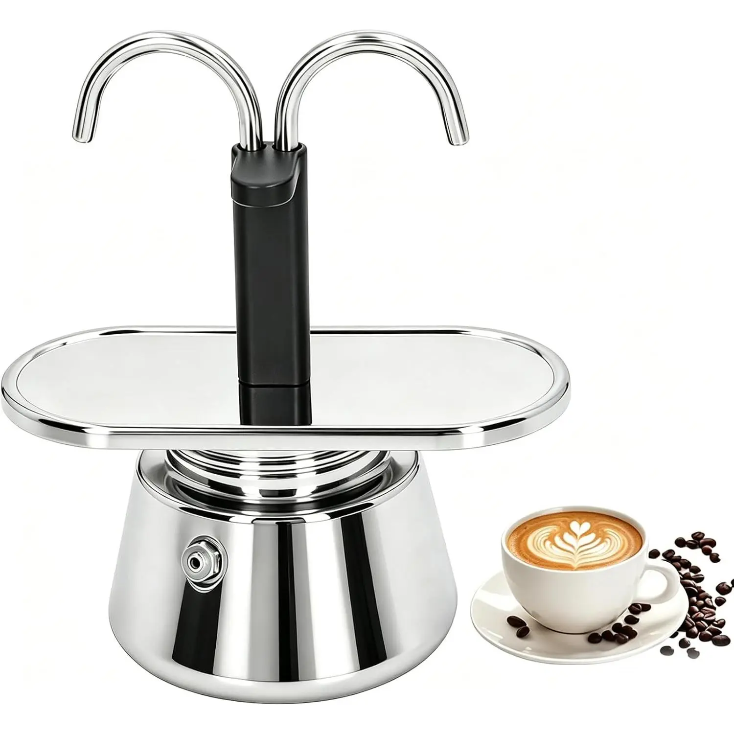 Stainless Steel 100ML 2 Cup Stovetop Double Spout Moka Pot Espresso Maker Easy to Operate Makes Coffee Quickly for Home Outdoor Camping