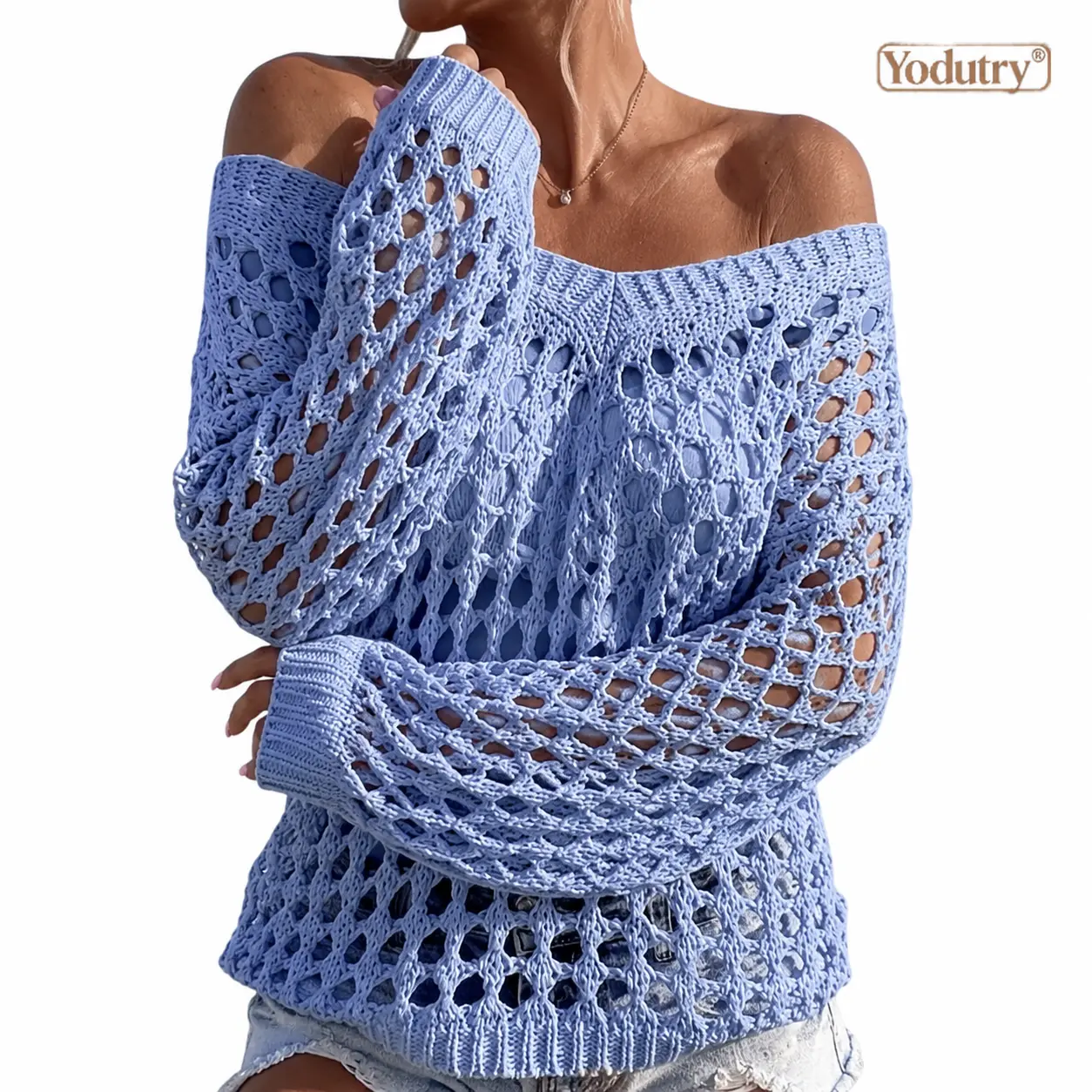 Yodutry | Women's Off-The-Shoulder Crochet Knit Sweater | Hollow Out Long Sleeve Mesh Pullover | Loose Slouchy Boho Beach Cover Up Tops