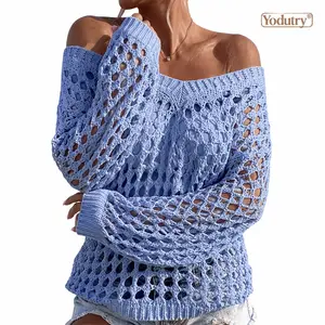 Yodutry | Women's Off-The-Shoulder Crochet Knit Sweater | Hollow Out Long Sleeve Mesh Pullover | Loose Slouchy Boho Beach Cover Up Tops