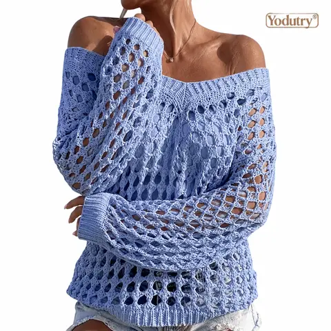 Yodutry Women's Off-The-Shoulder Crochet Knitwear, Longsleeves Hollow Out Mesh Pullover, Loose Slouchy Boho Casual Clothes, Swimwear Cover Up for Beach Sports & Outdoor Use, Boho Clothes