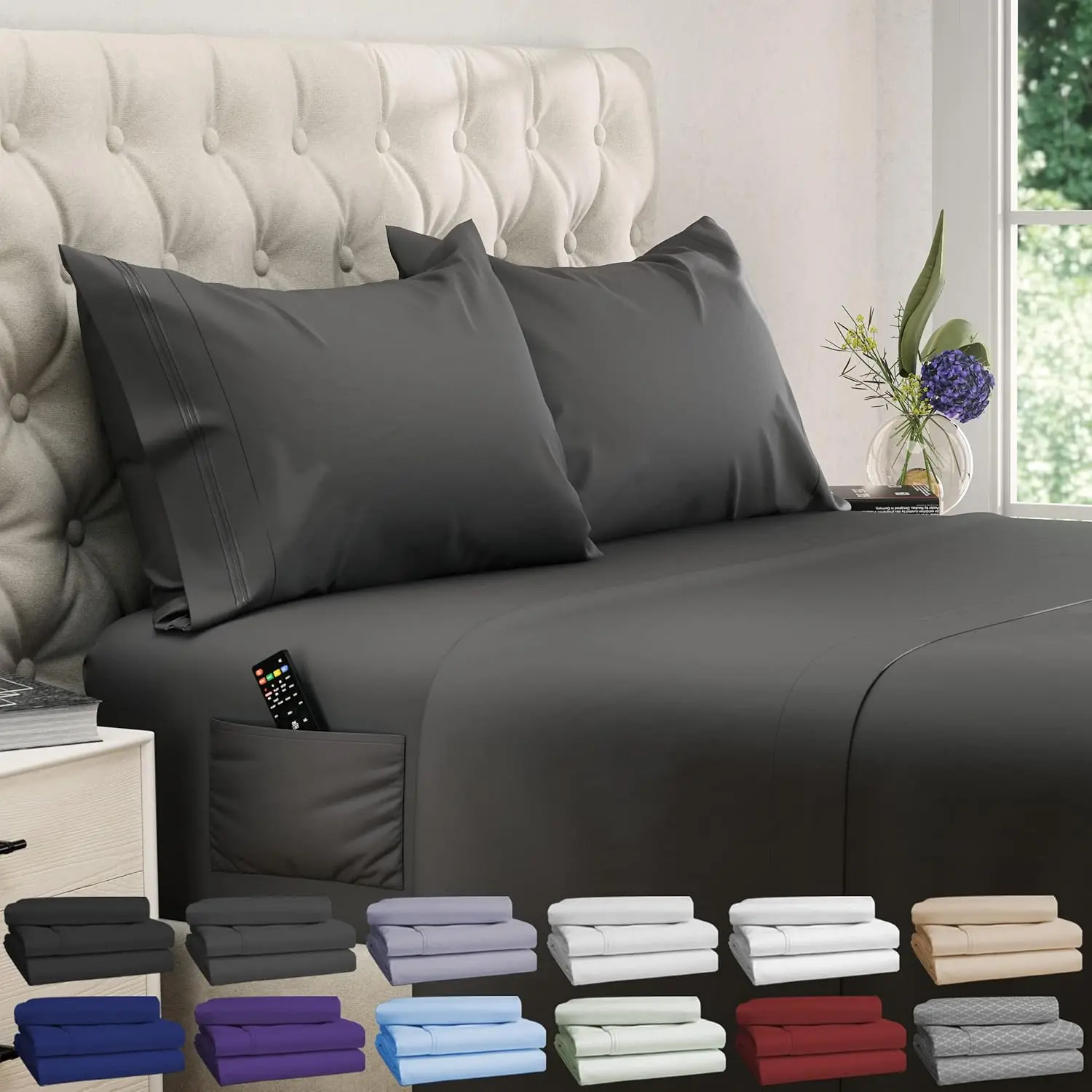 Queen Sheet Set - 4 pcs Breathable Cooling Sheets - up to 21" Deep Queen Sheets Set with Side Pockets - Soft 100% Brushed Hypoallergenic Hotel Luxury Bedding – Gray