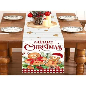 Christmas Table Runner, Gingerbread Man Design, Polyester Material, 35x181cm, Winter Holiday Party Decor, Indoor Outdoor Table Centerpiece